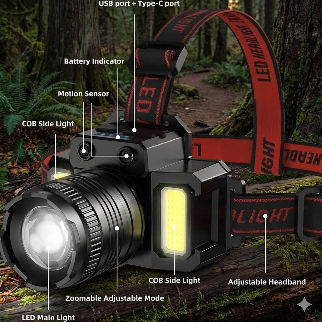 Black tactical headlamp with red accents, shown in a forest setting with overlaid callouts labeling features such as USB port + Type-C port, battery indicator, motion sensor, COB side light, zoomable adjustable mode, LED main light, and adjustable headband.