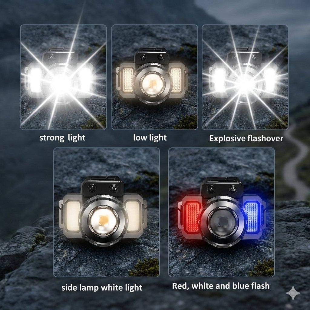 Five-panel product demonstration showing a tactical LED light in different modes: strong light, low light, explosive flashover, side lamp white light, and red, white, and blue flash, all set against a dark rocky outdoor background.