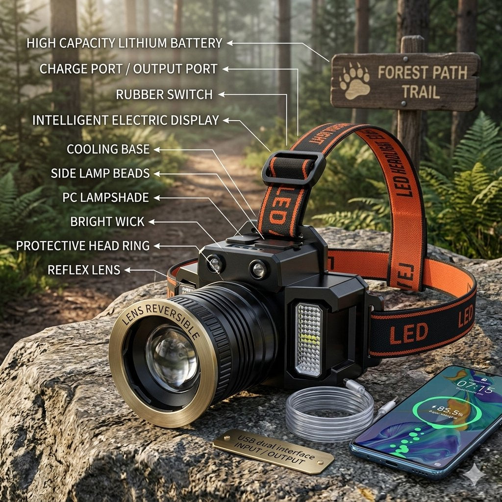 A black LED headlamp with an orange adjustable strap is shown on a rock in a forest setting, with a phone nearby and multiple callout labels pointing to features like the rechargeable battery, charging ports, rubber switch, LED display, cooling base, side lamp beads, lampshade, bright wick, protective head ring, and lens. A wooden sign reading Forest Path Trail is also visible.