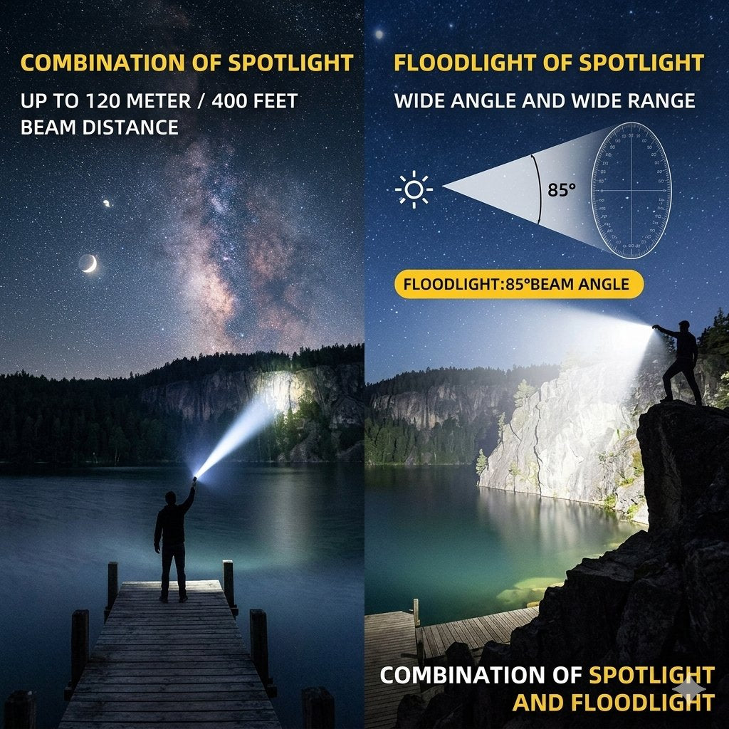 A split-panel product graphic showing a flashlight beam and floodlight range on a night lake scene. Left panel reads 'Combination of Spotlight' with a person shining a beam from a dock; right panel reads 'Floodlight of Spotlight' with a wide 85° beam cone and range diagram over a cliffside night scene.