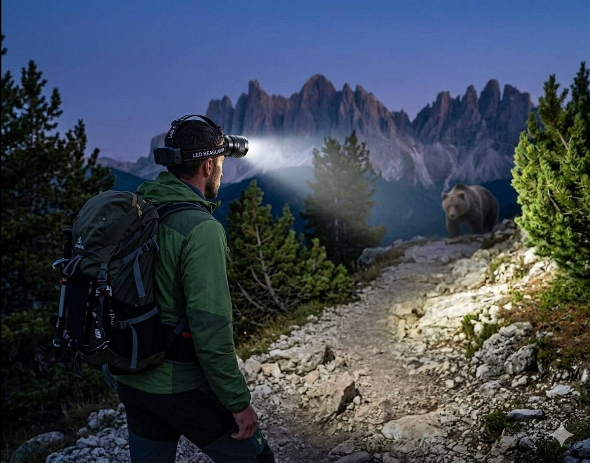 A hiker wearing a headlamp with a bright beam of light illuminates a rocky mountain trail at dusk, with pine trees, jagged mountains, and a bear in the background.