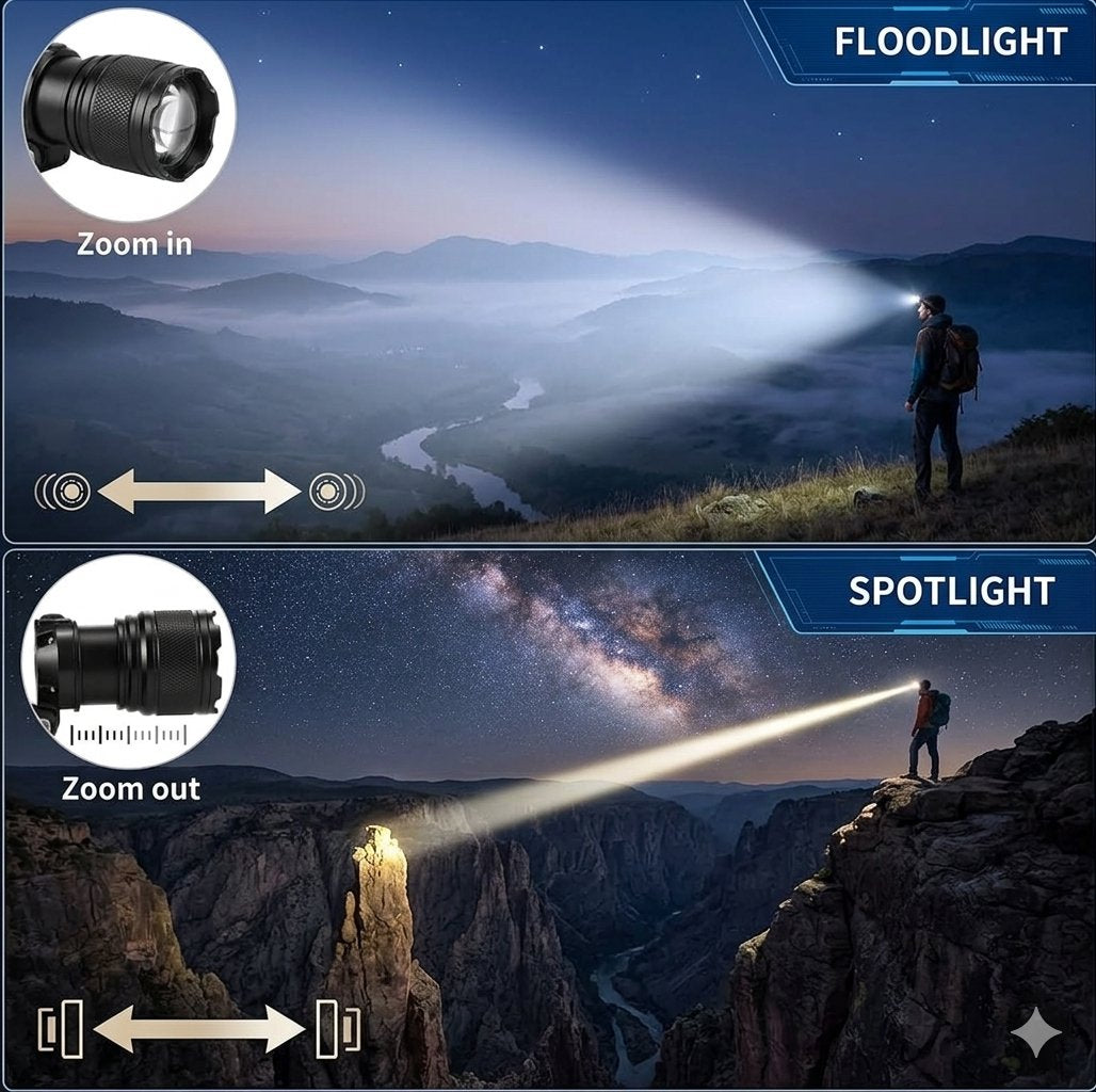 A comparison graphic showing a flashlight in two modes: Floodlight at the top and Spotlight at the bottom. The top section shows the flashlight emitting a wide beam across a misty mountain valley at night, with a hiker standing under the beam.