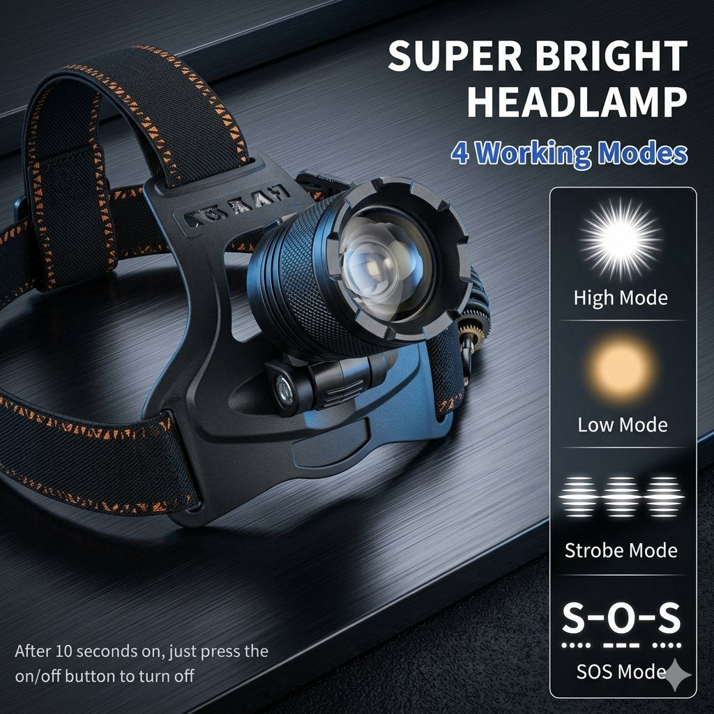 A black and blue headlamp with an adjustable strap, shown on a dark textured background with promotional text reading 'SUPER BRIGHT HEADLAMP' and '4 Working Modes,' plus a side panel showing high, low, strobe, and SOS modes.