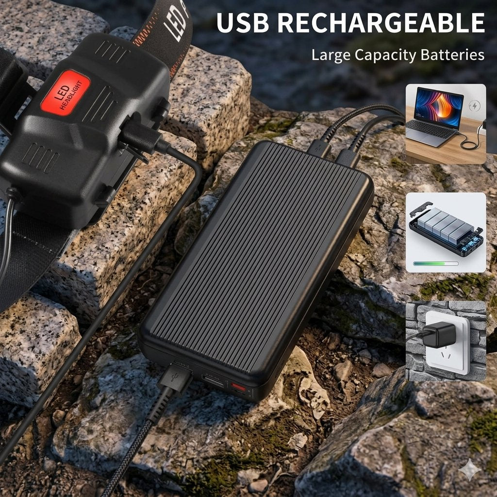 A black rectangular portable power bank with a ribbed surface and attached cable, shown outdoors on rocks next to a headlamp. Text reads 'USB RECHARGEABLE Large Capacity Batteries,' with small inset images demonstrating use with a laptop, charging a phone, and plugging into a wall outlet.