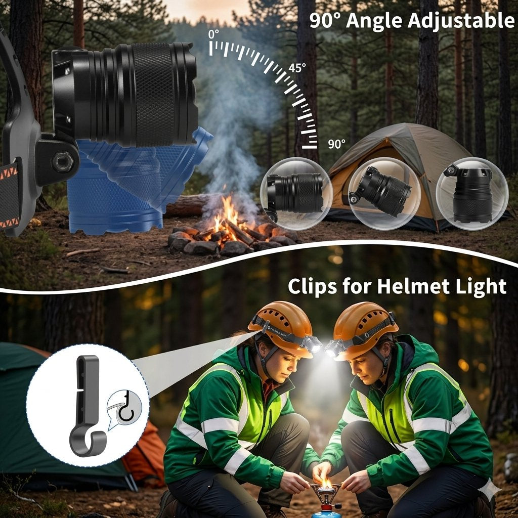 A promotional composite for an adjustable headlamp. The top half shows the headlamp close-up with text reading '90° Angle Adjustable,' a campfire scene, a tent, and circular insets of the headlamp.