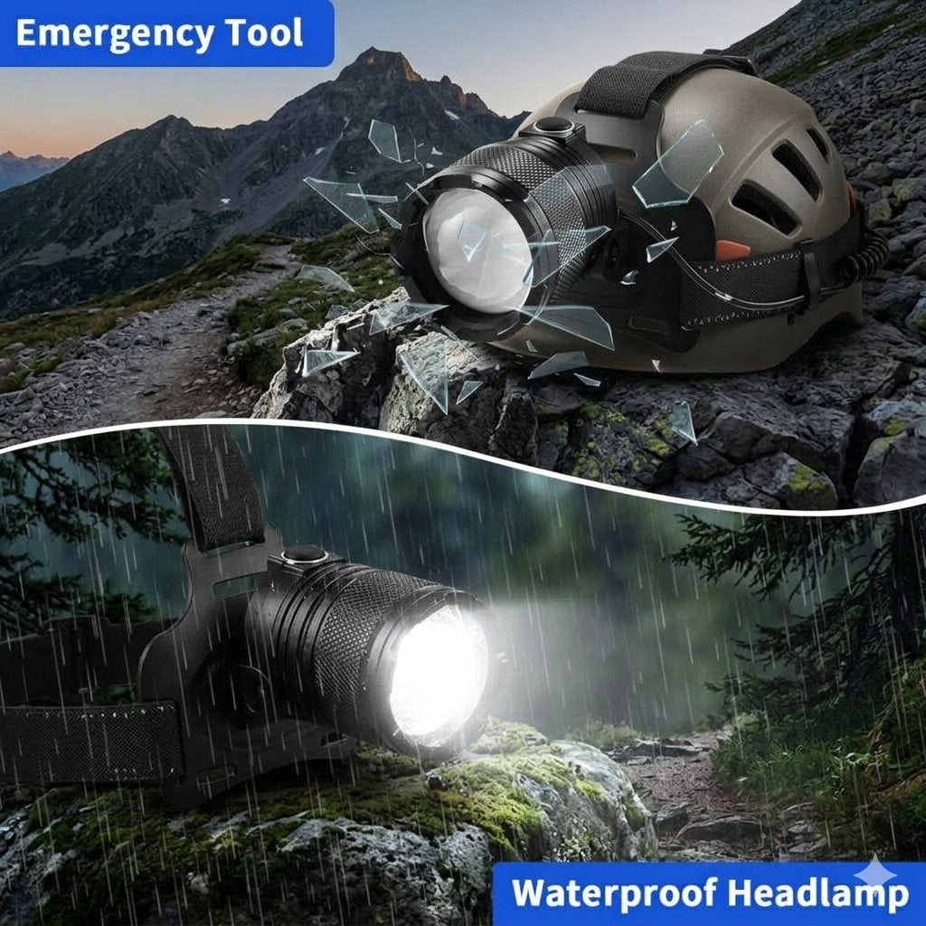 Emergency tool waterproof headlamp shown in a split outdoor scene: top half shows the headlamp resting on rocks in a mountain setting with broken glass effect, bottom half shows the headlamp shining a bright beam in rain on a forest path. Text banners read 'Emergency Tool' and 'Waterproof Headlamp'.