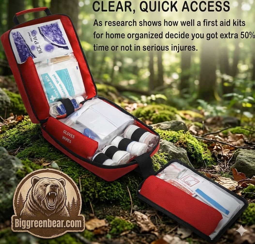 An open red first aid kit case displayed on mossy forest ground, with a second closed case placed nearby. The scene includes a forest background and promotional text reading 'CLEAR, QUICK ACCESS' plus a Biggreenbear.