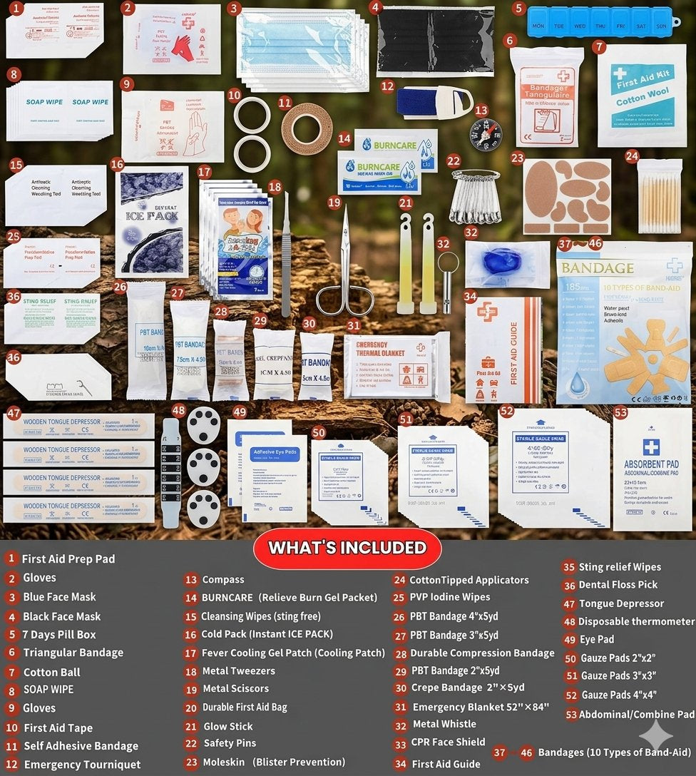A comprehensive first aid kit bundle displayed in a grid layout with numbered callouts on a dark background. The kit contains various medical supplies including bandages, gauze, tape, gloves, a thermos, scissors, and first aid pads, with a central red banner listing the included items.
