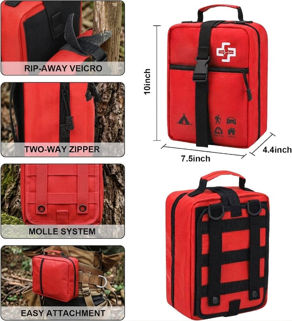 Red and black emergency first aid kit pouch shown with feature callouts and dimensions. The collage includes close-ups of the zipper, MOLLE system, rip-away vector, and easy attachment, plus a main front and side view with measurements 10 inch by 7.