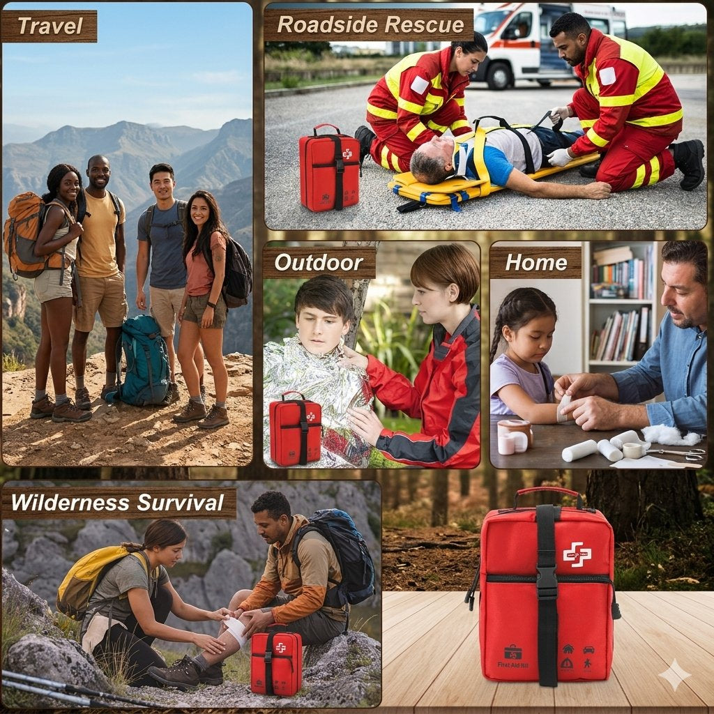 A red emergency first aid kit shown in a collage of lifestyle scenes including travel, roadside rescue, outdoor survival, and home first aid, alongside a clean product shot of the kit on a wooden surface.