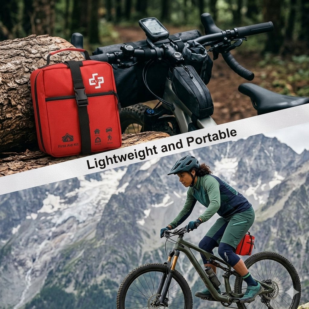 A red bike first aid bag with a white cross logo and small tent icon, shown resting on a log next to a black bike in a forest, with a diagonal banner reading 'Lightweight and Portable' over a mountain-biking lifestyle scene.