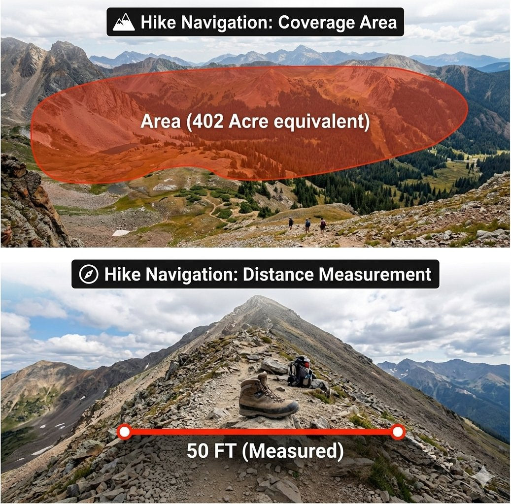 A split-screen graphic showing a mountain landscape with overlaid text. The top panel reads 'Hike Navigation: Coverage Area' and shows a large reddish-brown shaded area labeled 'Area (402 Acre equivalent)'.