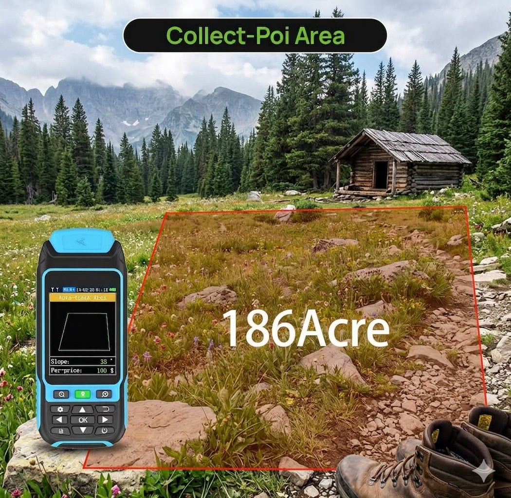 A handheld blue and black surveyor's total station device is shown in the foreground with a mountain landscape background. A red outlined area on the grassy terrain displays '186Acre' text, and a black banner at the top reads 'Collect-Poi Area'.