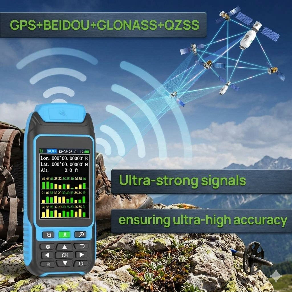 A handheld GPS signal receiver device with a blue and black casing stands on a rocky outdoor surface, with mountains and sky in the background. The image includes illustrated satellites, blue signal waves, and text reading 'GPS+BEIDOU+GLONASS+QZSS', 'Ultra-strong signals', and 'ensuring ultra-high accuracy'.