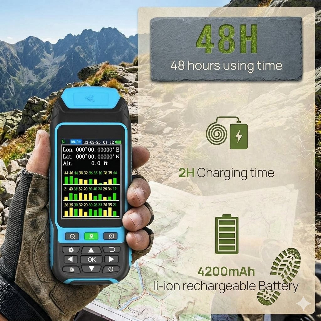 A handheld electronic device with a blue and black rugged body is shown being held by a person's hand against a mountain background. The right side of the image contains feature callouts reading '48H', '48 hours using time', '2H Charging time', '4200mAh li-ion rechargeable Battery', and icons, over a map background.