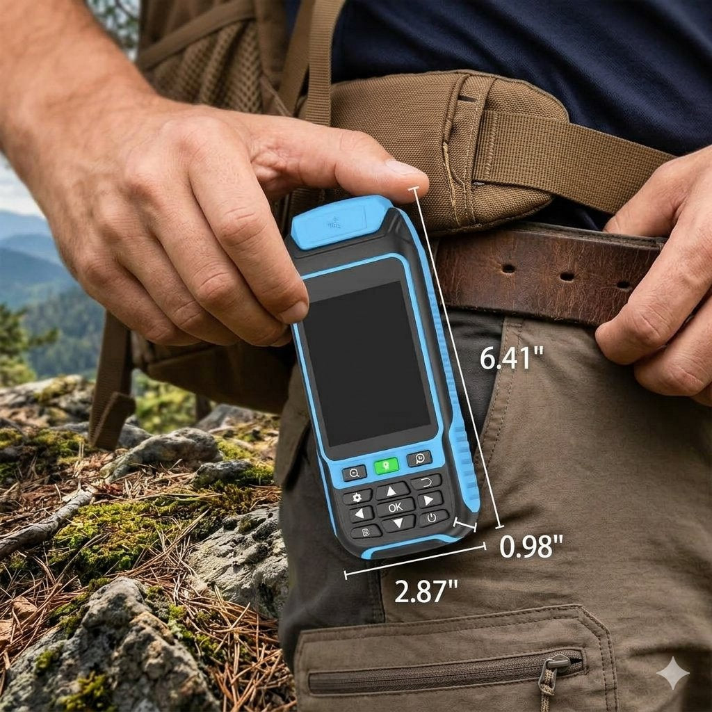 A rugged handheld GPS device with a blue and black body is shown being worn in a person's waist pocket outdoors. White dimension lines and text overlay indicate its measurements: 6.