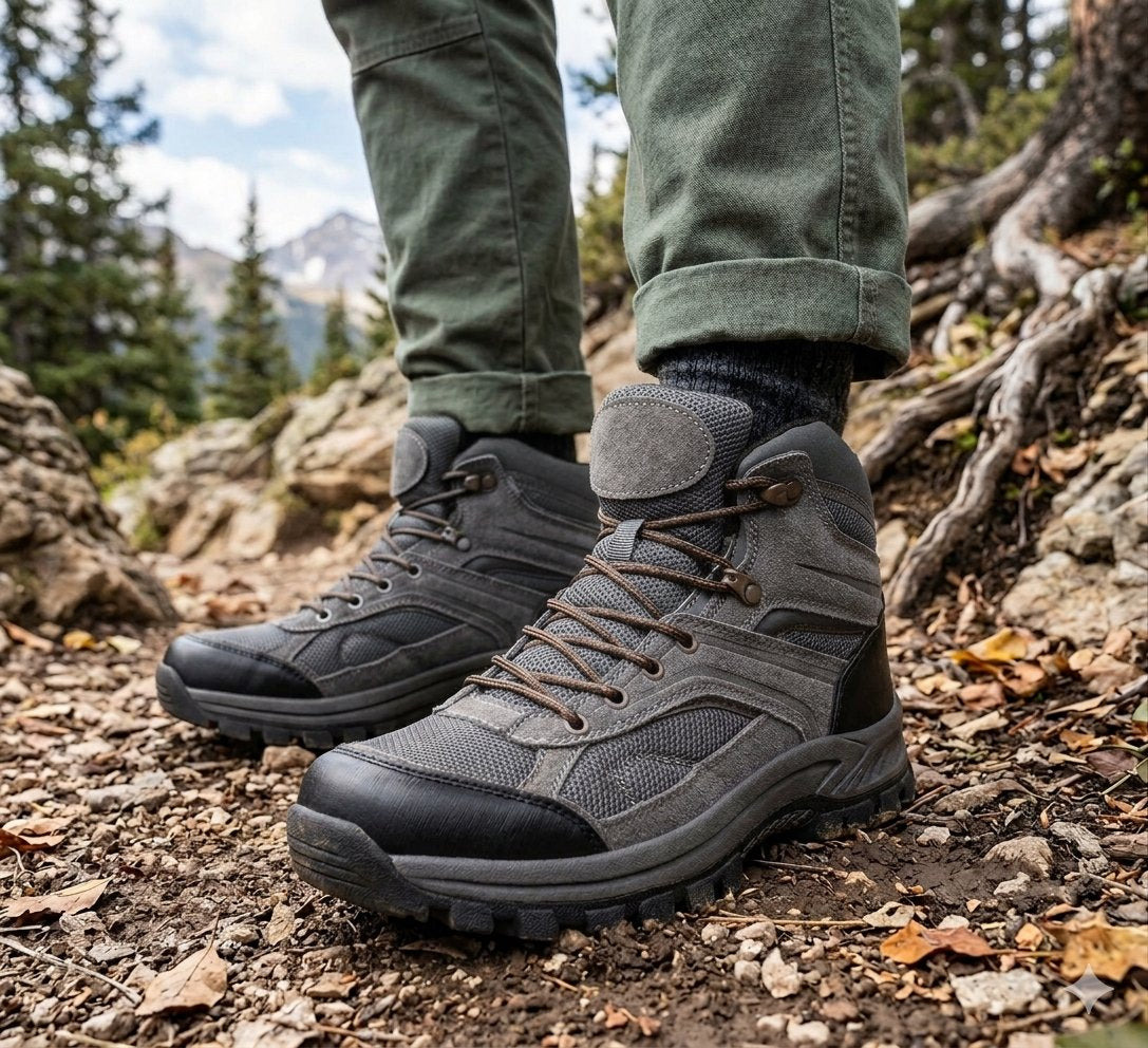 A pair of dark gray and black mid-cut hiking boots worn with olive green pants, shown outdoors on a rocky, leaf-strewn mountain trail. big green bear biggreenbear.com
