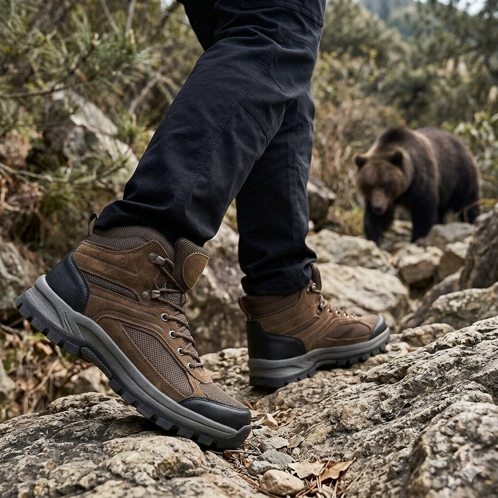 A close-up of a person's legs wearing brown hiking boots with black soles, walking on rocky outdoor terrain with a bear visible in the background.