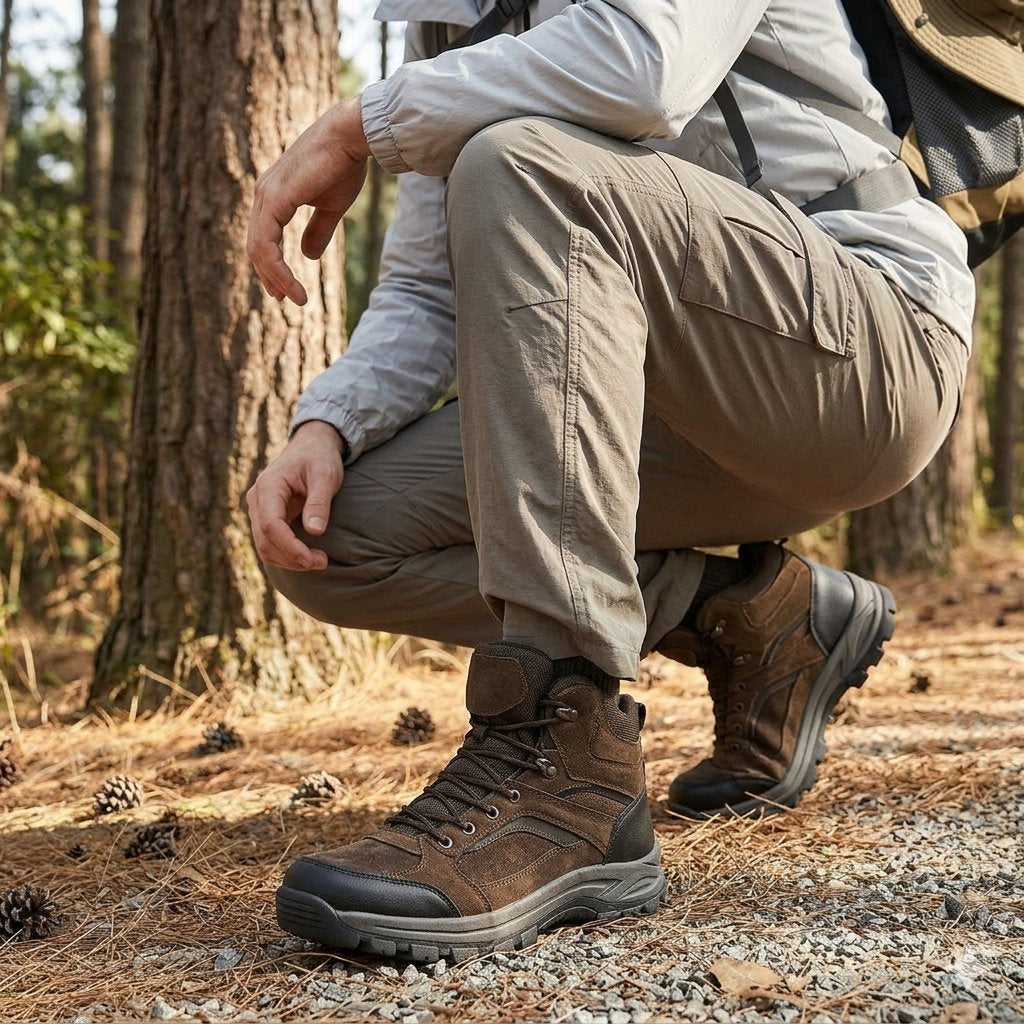 A person crouching in a forest wearing brown lace-up hiking boots, tan cargo pants, and a light gray long-sleeve shirt. The boots are the primary product shown, with one boot clearly visible in the foreground on a gravel and pine-covered trail.
