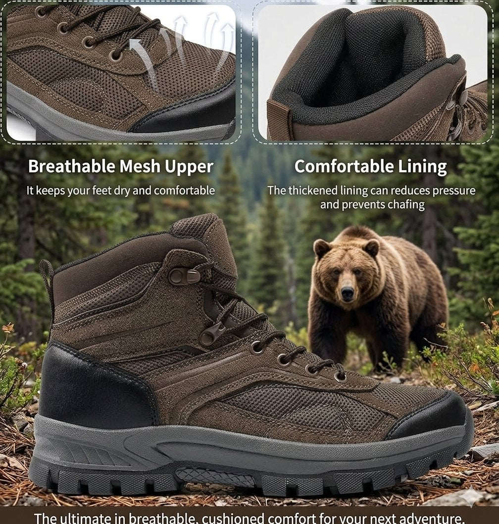 A brown hiking boot shown in a forest scene with a bear in the background, plus two inset close-ups highlighting a breathable mesh upper and comfortable lining. Text overlays describe the features.