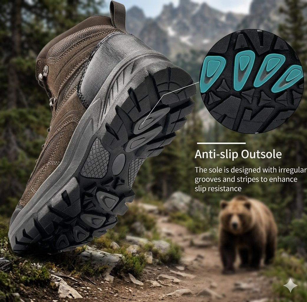 A brown and gray hiking boot is shown in a mountain forest setting with an inset close-up of the outsole tread and text reading 'Anti-slip Outsole.' A bear is visible in the background on a trail.