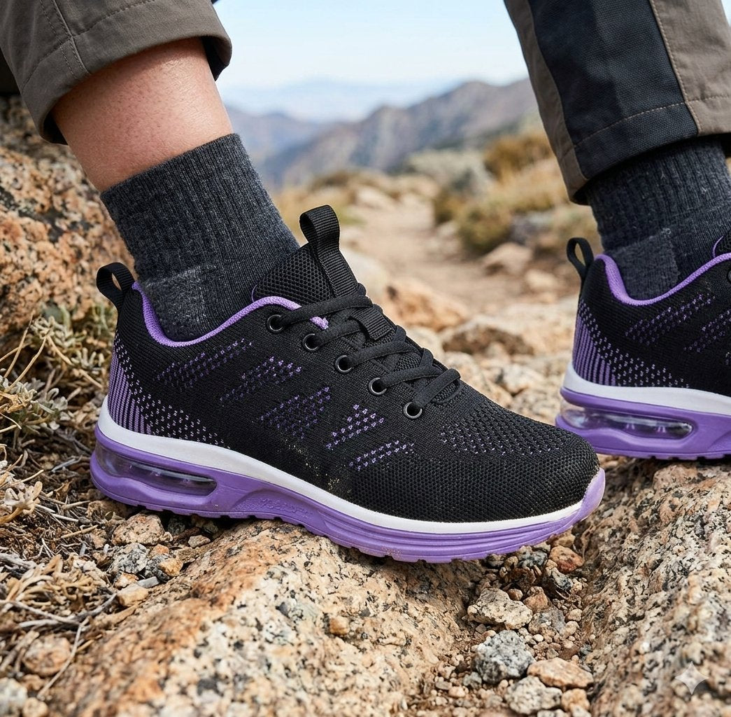 Black and purple athletic sneakers worn on a person's feet while hiking on a rocky mountain trail. biggreenbear.com big green bear