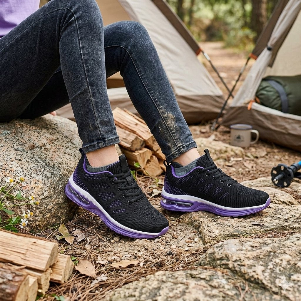 A person sitting outdoors on a rock at a campsite wearing black athletic sneakers with purple accents. A tent, logs, and outdoor gear are visible in the background.