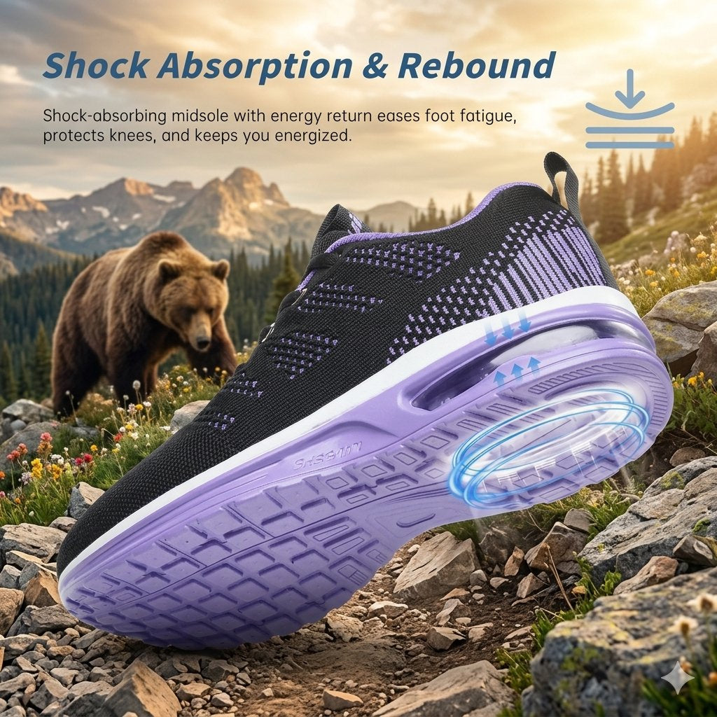 A black and purple athletic sneaker is shown in a rocky mountain landscape with a bear in the background, alongside marketing text about shock absorption and rebound.