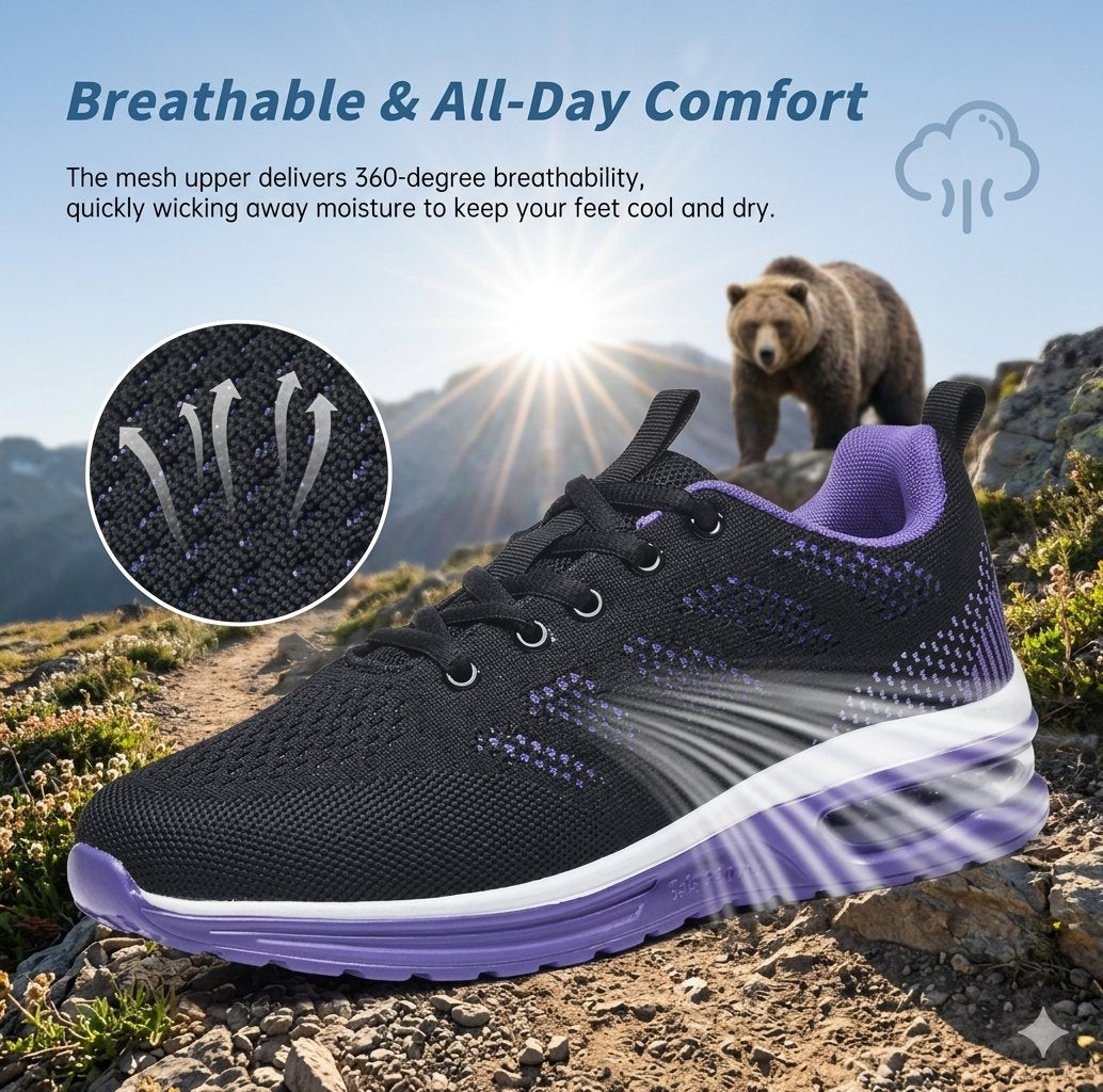 A black and purple athletic sneaker shown on a rocky outdoor trail with mountains and a bear in the background, alongside marketing text about breathability and a circular inset showing the mesh texture.