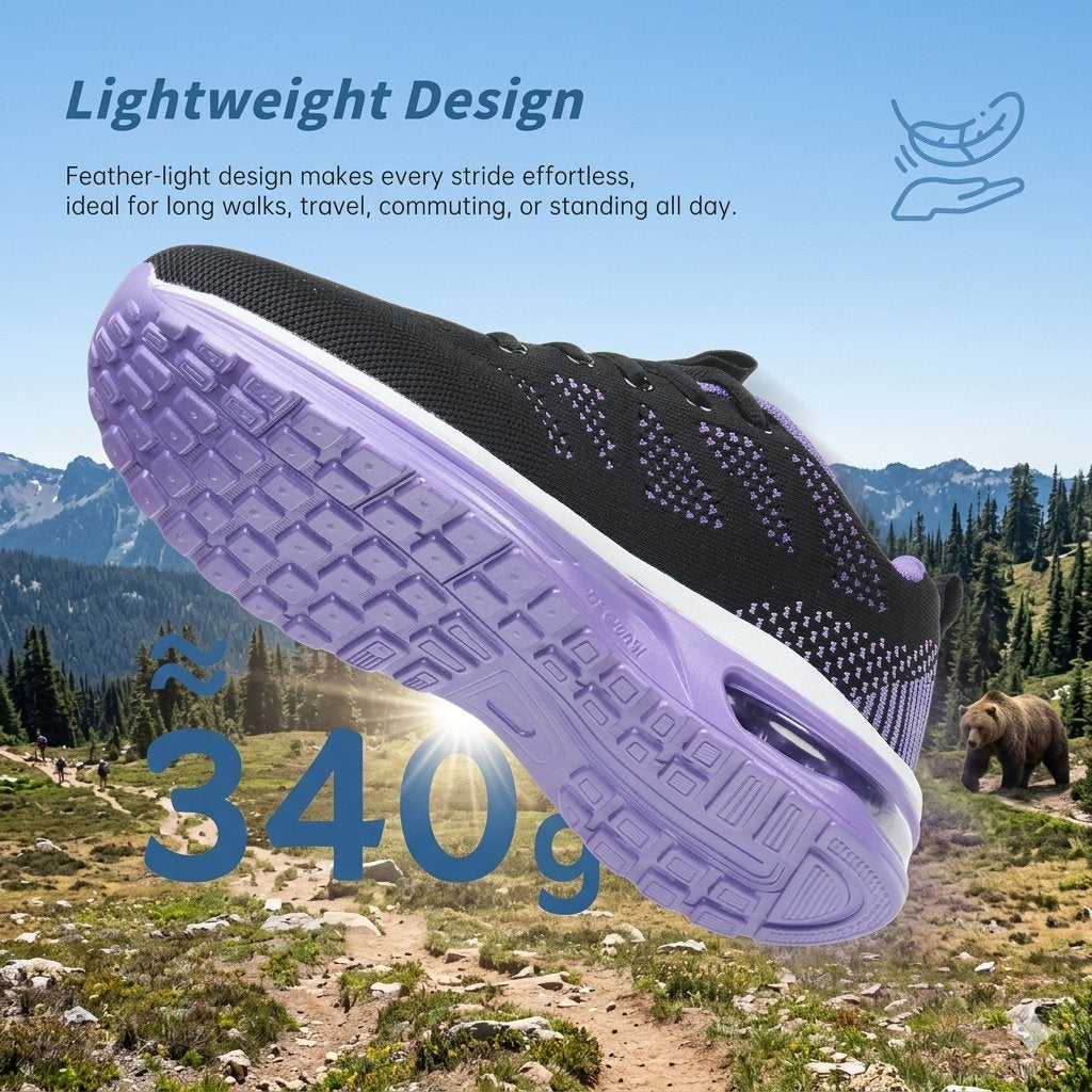 A single athletic sneaker shown at an angle over a mountain trail background, with promotional text reading 'Lightweight Design' and '340g'. The shoe has a black knit upper, a lavender-purple outsole, and a white midsole.