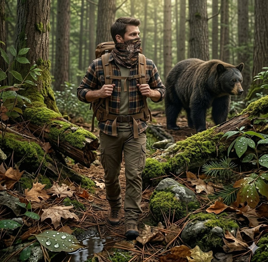 A man wearing a brown plaid shirt, olive cargo pants, and a camouflage neck gaiter walks along a forest path with a backpack, while a large brown bear stands behind him in a mossy woodland setting.