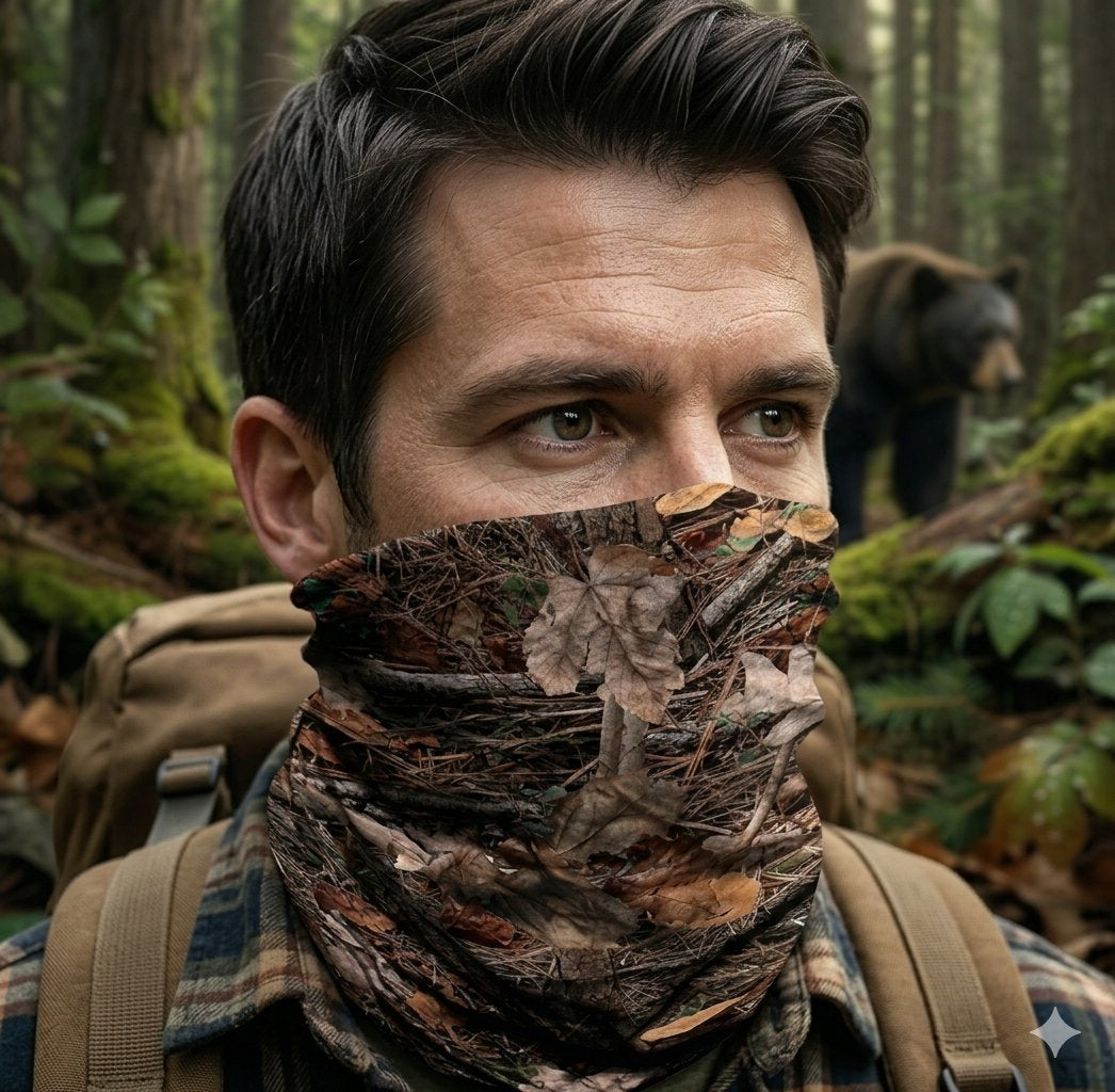 A close-up of a man wearing a brown and beige leaf-patterned neck gaiter in a forest, with a bear visible in the background.