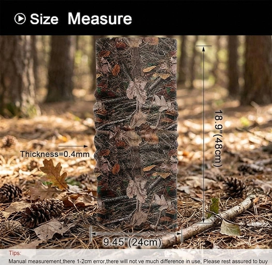 A camouflage tree bark mesh roll shown in a forest setting with measurement overlays indicating a height of 18.9 inches (48cm) and a thickness of 0.