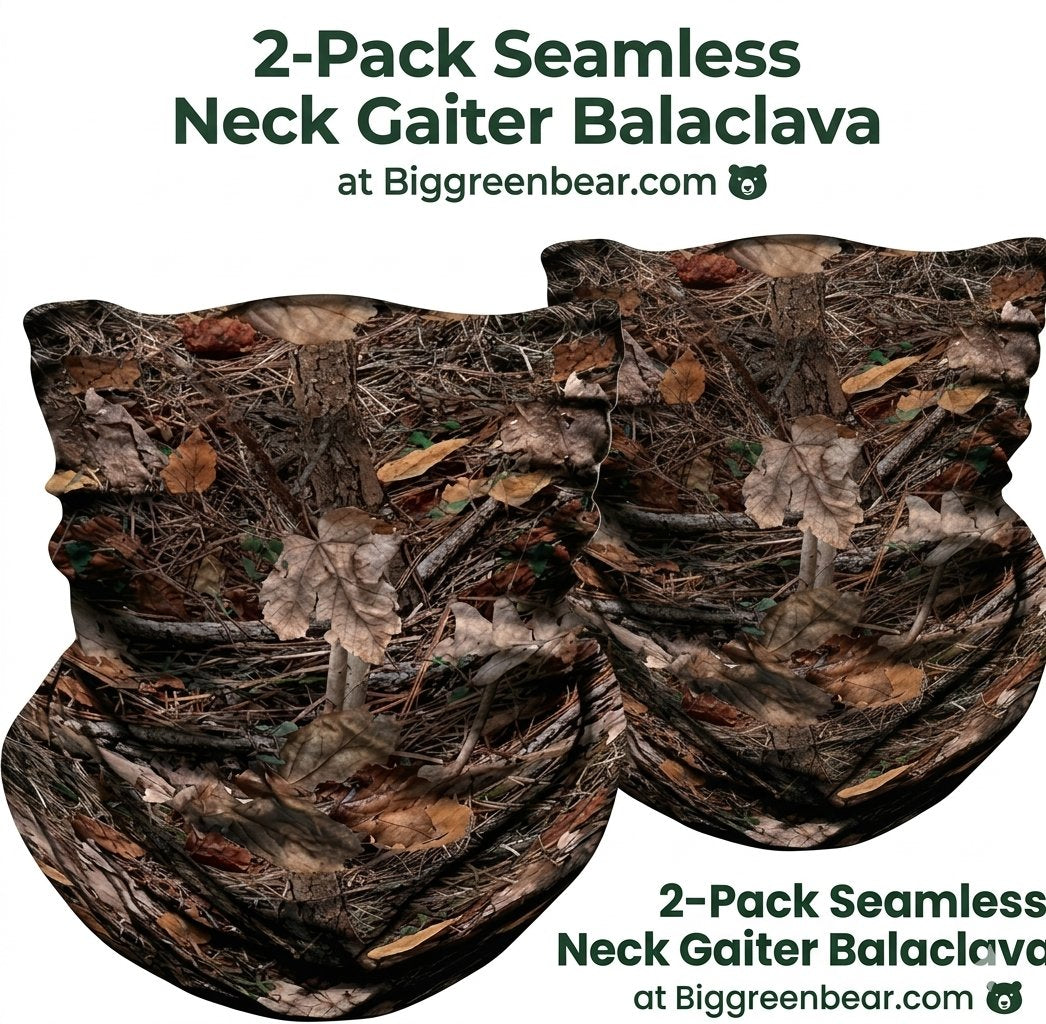 Two camouflage neck gaiters with a woodland leaf and bark pattern, displayed on a white background with text overlays reading '2-Pack Seamless Neck Gaiter Balaclava at Biggreenbear.com'.