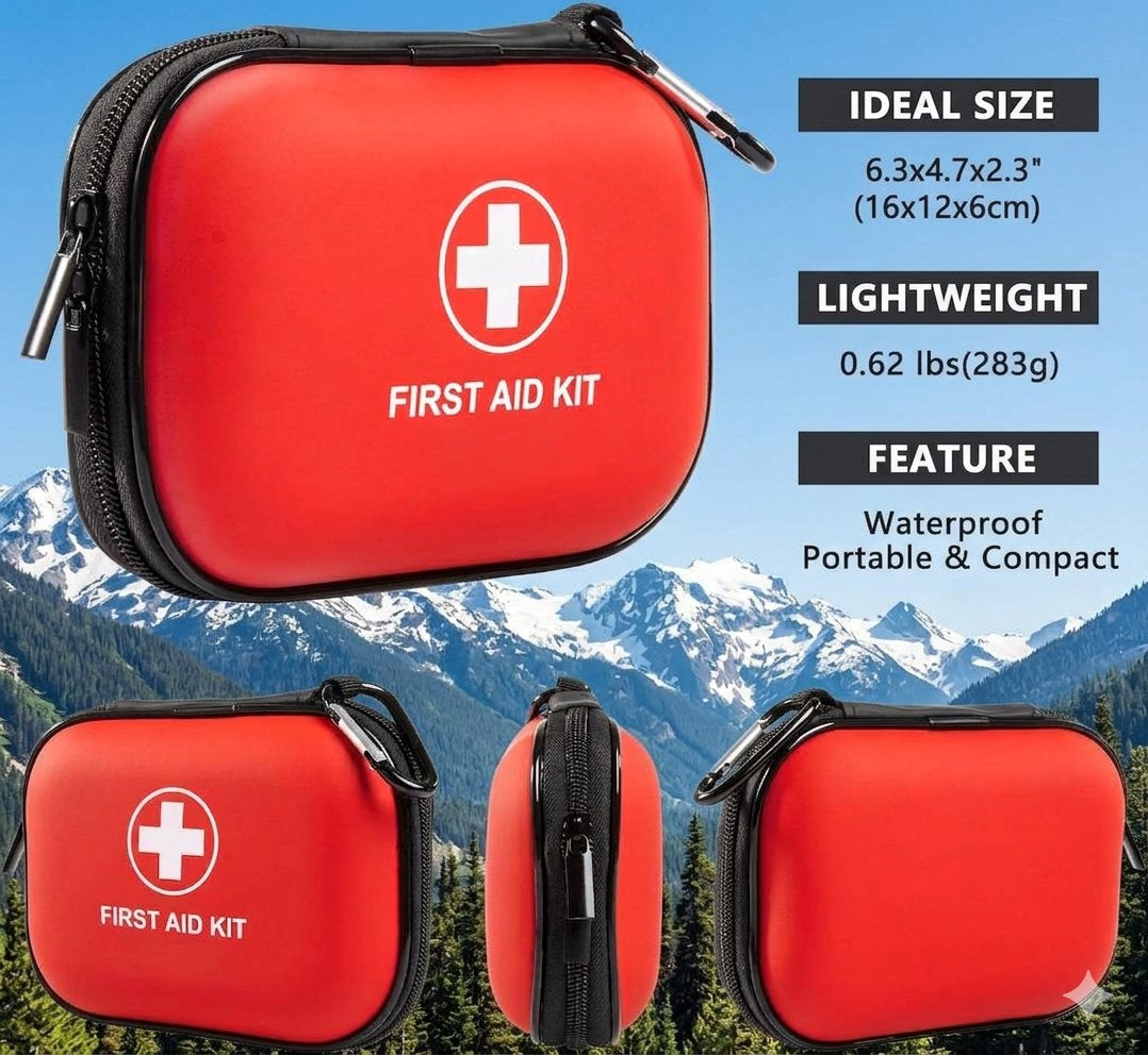 Red first aid kit carrying case shown in multiple views with black zipper trim, white cross logo, and text callouts about size, weight, and waterproof/portable features, set against a mountain background.