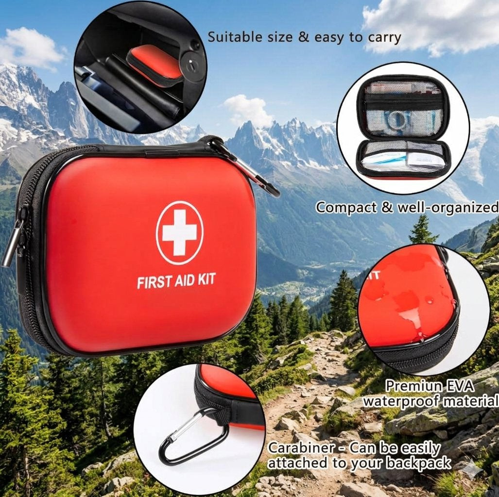 Red first aid kit carrying case with a white medical cross and 'FIRST AID KIT' text, shown over a mountain landscape background with circular inset feature callouts and text describing size, organization, waterproof material, and carabiner attachment.