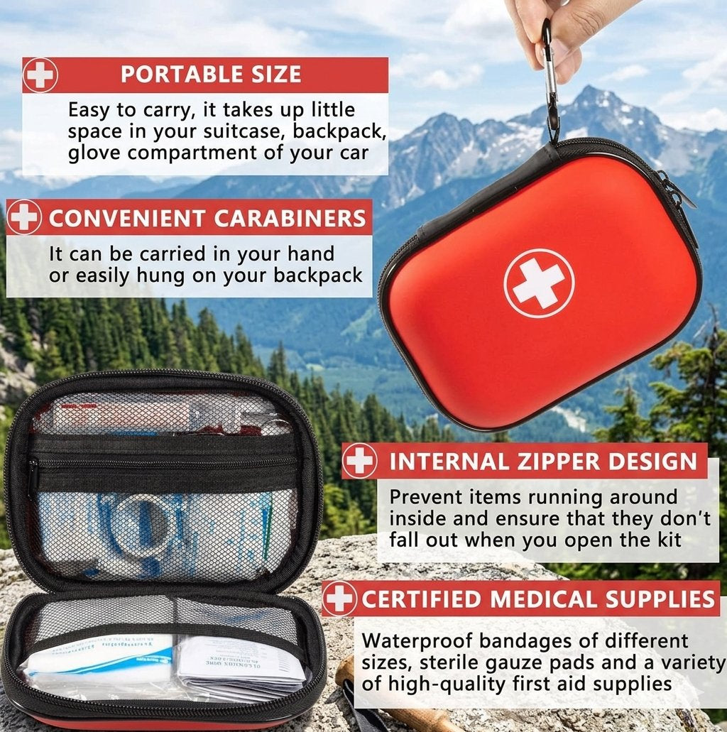 An emergency medical kit case shown in a promotional infographic with mountain scenery in the background. The top-right view shows a hand holding an open red zippered case with a white medical cross symbol.