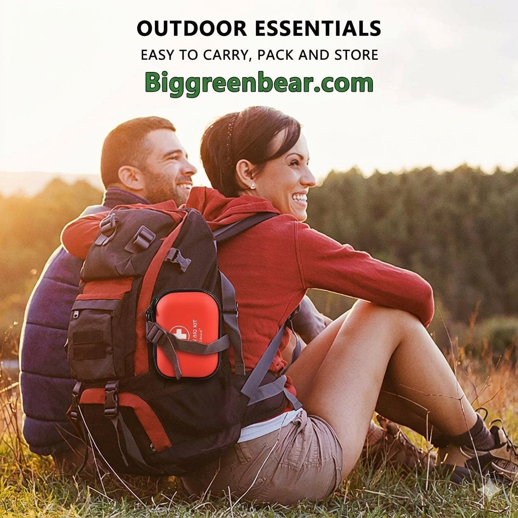 A man and woman sitting outdoors in a grassy field at sunset, both wearing large black and red Big Green Bear backpacks. Text at the top reads 'OUTDOOR ESSENTIALS', 'EASY TO CARRY, PACK AND STORE', and 'Biggreenbear.