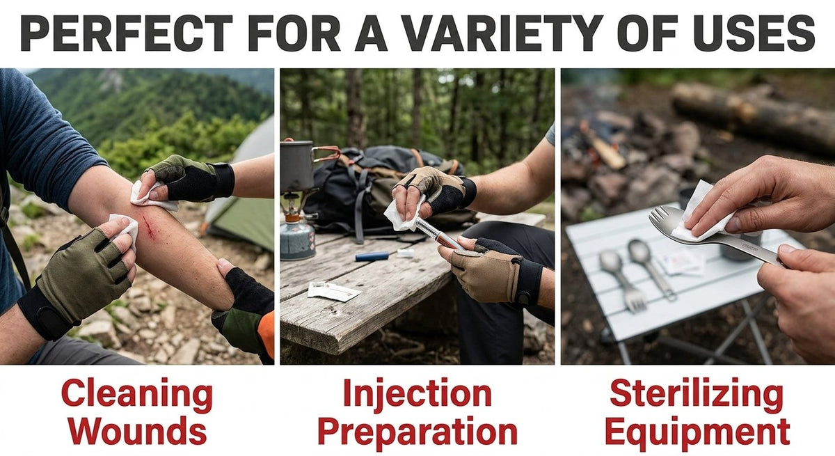 A promotional collage with the headline 'PERFECT FOR A VARIETY OF USES' and three panels showing hands using the product for cleaning wounds, injection preparation, and sterilizing equipment. The product itself is not clearly visible as a standalone item; the image functions as an explanatory usage graphic.