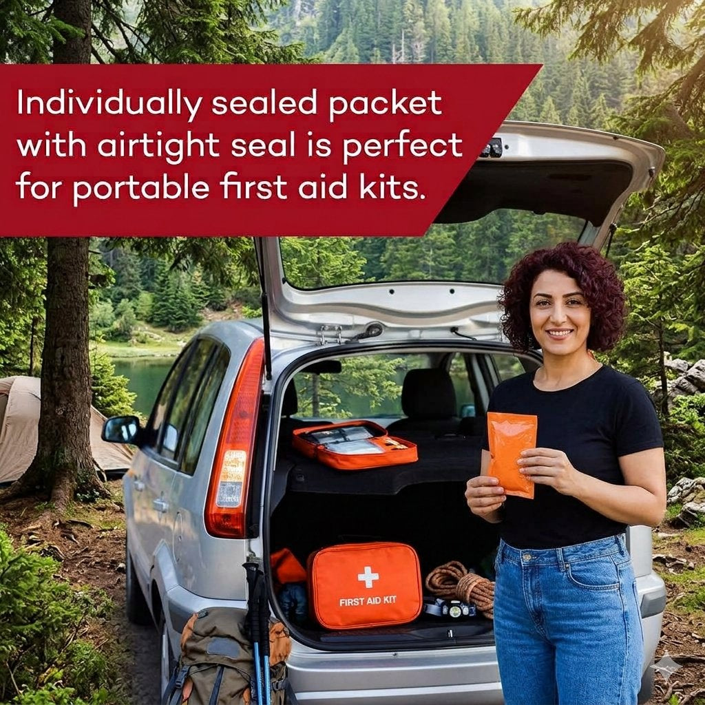 A woman standing beside an open silver van in a forest setting holds an orange first aid pouch, with an orange first aid kit and other emergency supplies visible in the vehicle trunk. A red text banner explains that individually sealed packets with airtight seals are perfect for portable first aid kits.