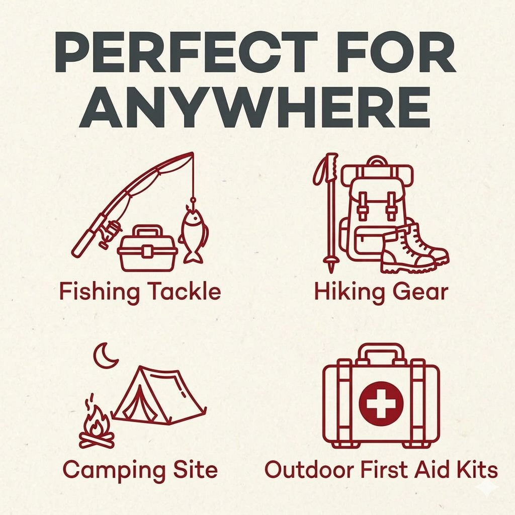 A promotional graphic with the text 'PERFECT FOR ANYWHERE' above four line-art icons: a fishing rod with a fish labeled 'Fishing Tackle,' hiking gear with a backpack, boots, and poles labeled 'Hiking Gear,' a tent with a campfire labeled 'Camping Site,' and a first-aid kit labeled 'Outdoor First Aid Kits,' all on a light beige background.