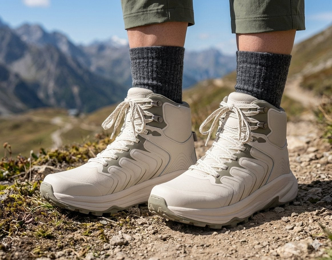 A pair of off-white mid-cut hiking boots worn with dark gray socks, shown on a person outdoors on a mountain path with mountains in the background. big green bear biggreenbear.com