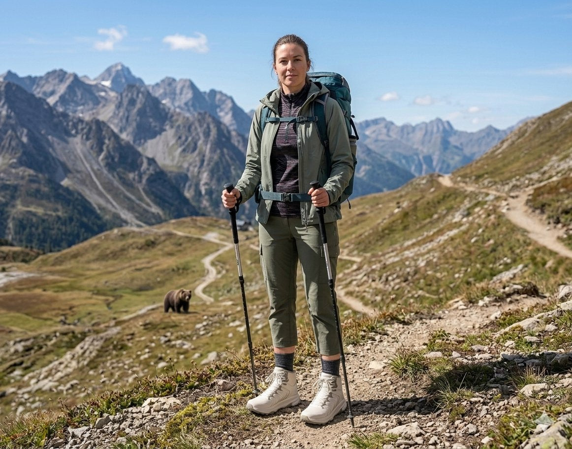 A woman stands on a mountain trail wearing an olive green hiking jacket and matching pants, with a large blue-gray backpack, hiking poles, and hiking boots. Mountains, a dirt path, and a grazing sheep are visible in the background under a blue sky.