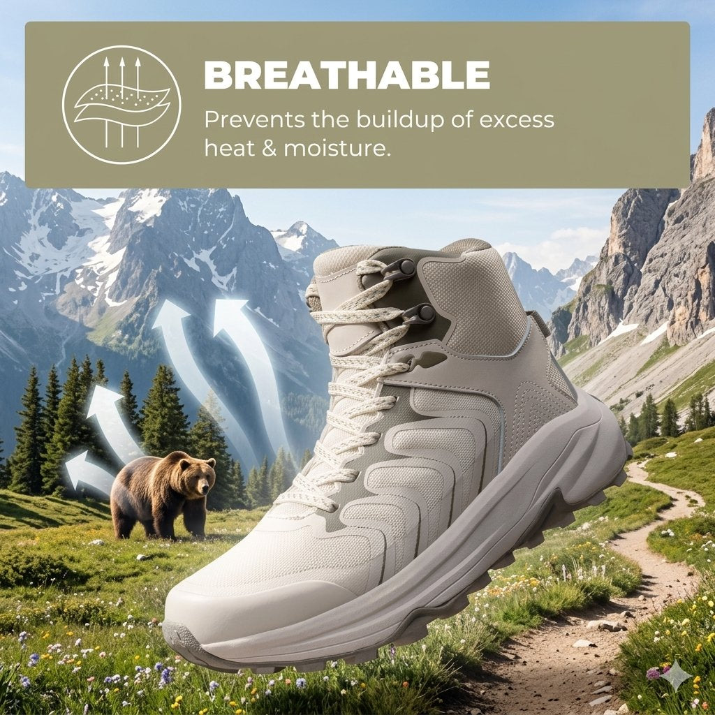 A light beige hiking boot is shown prominently in the foreground, with a scenic mountain trail and a bear in the background. A tan banner at the top reads 'BREATHABLE' with text about preventing heat and moisture buildup, and white airflow arrows are overlaid on the scene.