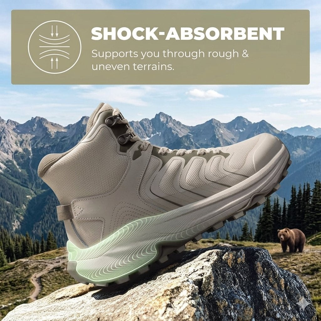 A beige hiking boot shown on a large rock with a mountain landscape and a bear in the background, with a text banner at the top reading 'SHOCK-ABSORBENT Supports you through rough & uneven terrains.'.