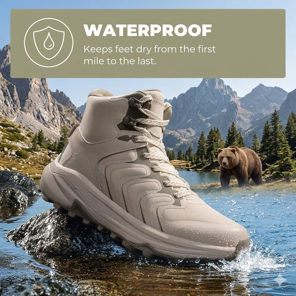 A beige high-top waterproof hiking boot shown in a mountain lake setting with a bear in the background and a text banner at the top that says 'WATERPROOF Keeps feet dry from the first mile to the last.'.