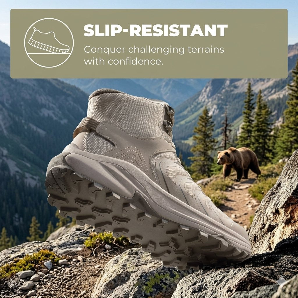 A beige and gray mid-cut hiking boot with a rugged treaded sole, shown in a mountain landscape with a bear in the background. A banner at the top reads 'SLIP-RESISTANT' with supporting text.