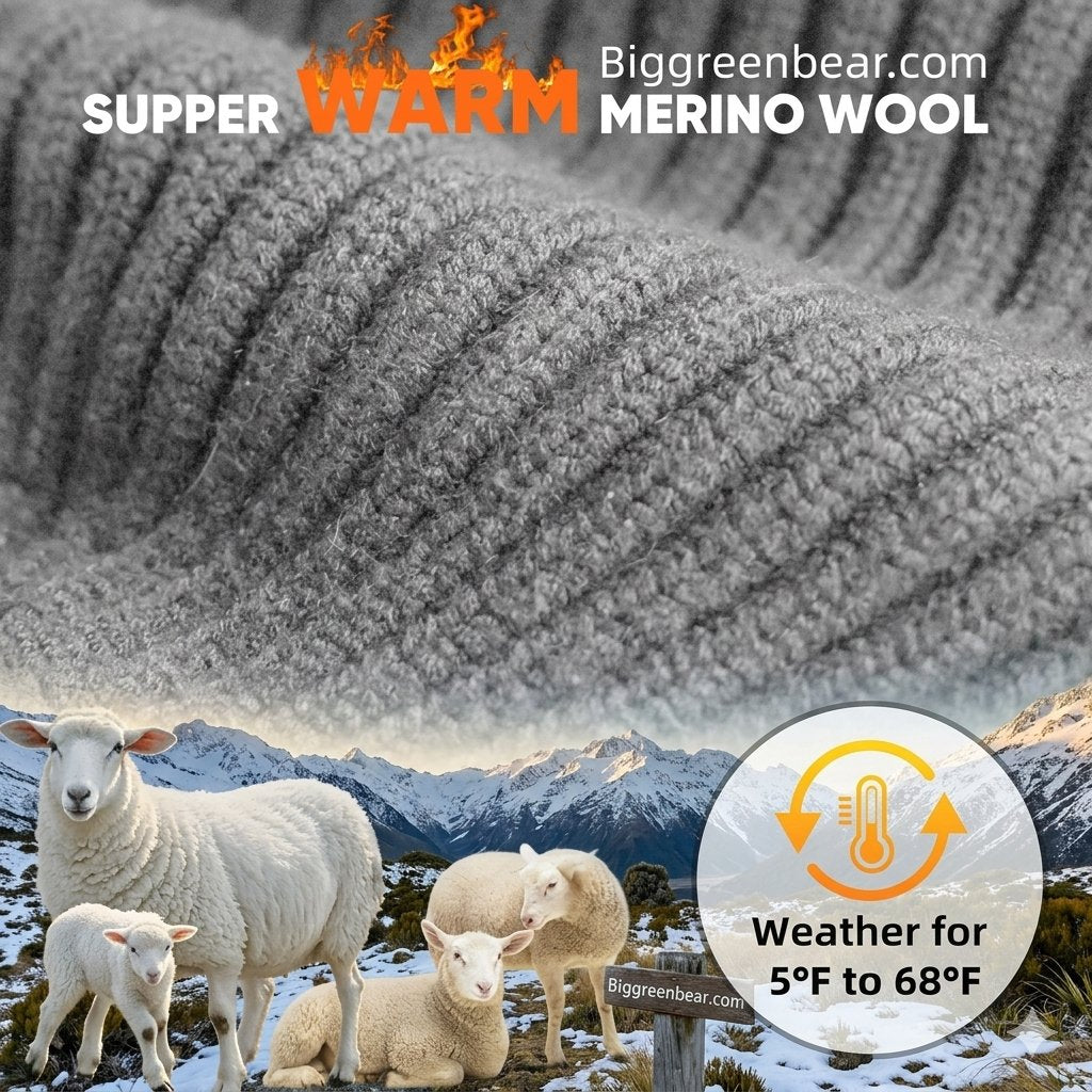A promotional graphic for Biggreenbear.com showing a close-up of ribbed gray merino wool fabric, with sheep and snowy mountains in the background and text reading 'SUPPER WARM MERINO WOOL' and 'Weather for 5°F to 68°F'.
