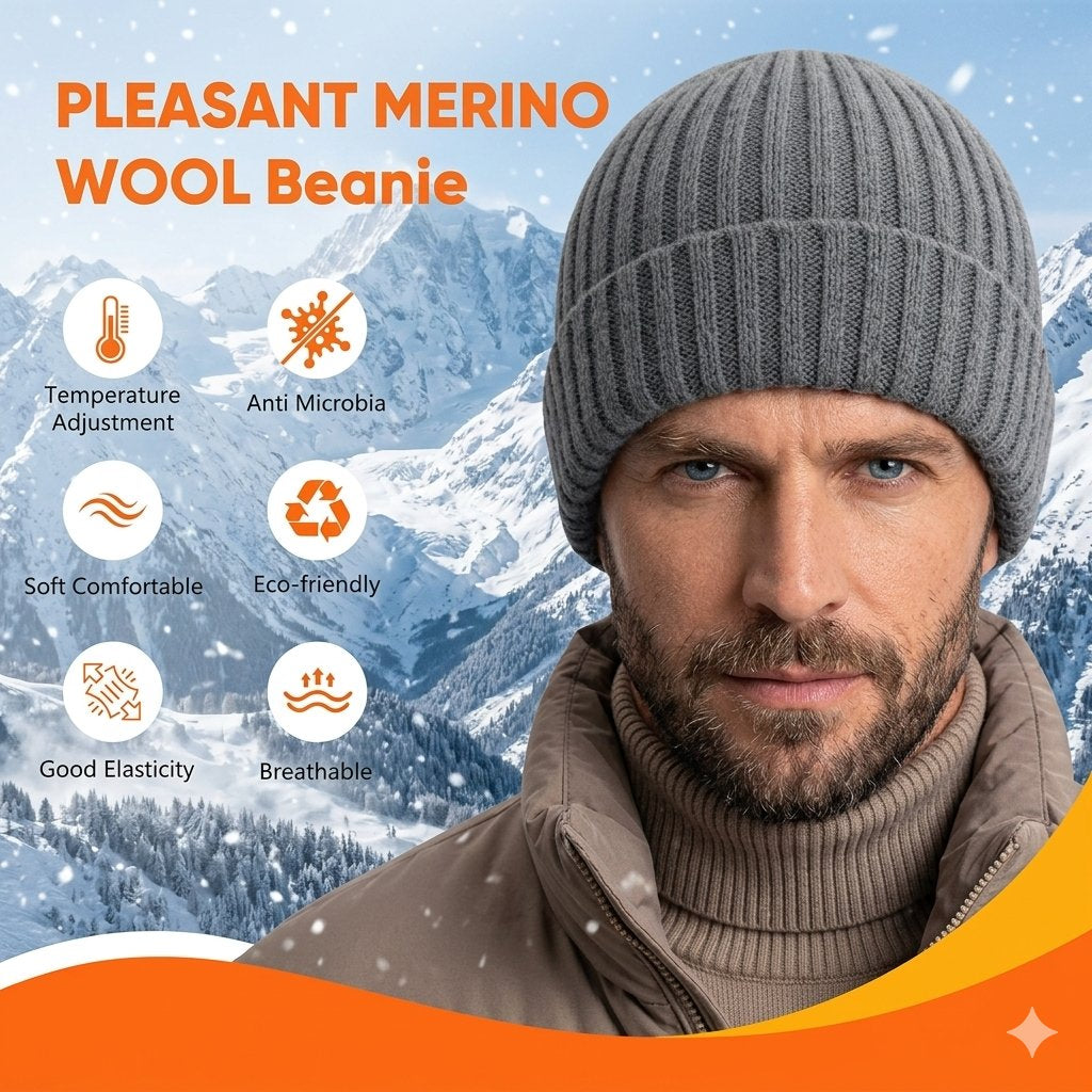 A man wearing a gray ribbed knit beanie and a brown jacket stands in front of a snowy mountain background. Orange text at the top reads 'PLEASANT MERINO WOOL Beanie,' with feature icons and labels including Temperature Adjustment, Anti Microbia, Soft Comfortable, Eco-friendly, Good Elasticity, and Breathable.