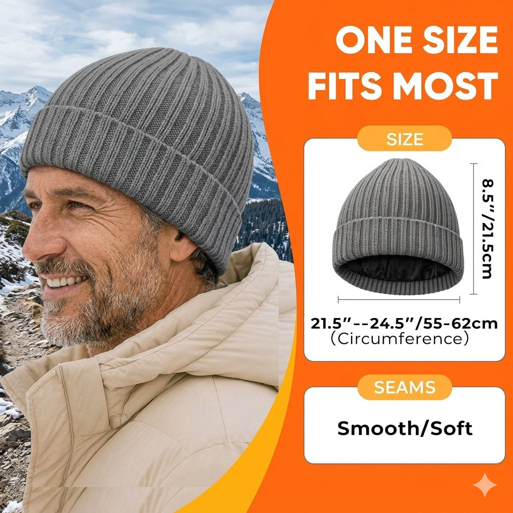 A man wearing a gray ribbed knit beanie hat outdoors in front of snowy mountains, with an orange informational graphic on the right showing the beanie dimensions and text reading 'ONE SIZE FITS MOST', 'SIZE', and 'SEAMS Smooth/Soft'.